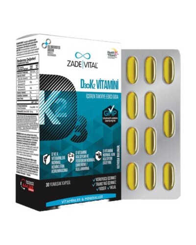 D3 + K2 Vitamini İçeren Takviye Edici Gıda 30 Yumuşak Kapsül - Zade Vital