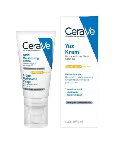 Normal ve Kuruya Dönük Ciltler İçin SPF30 Güneş Korumalı Yüz Kremi 52ml - Cerave