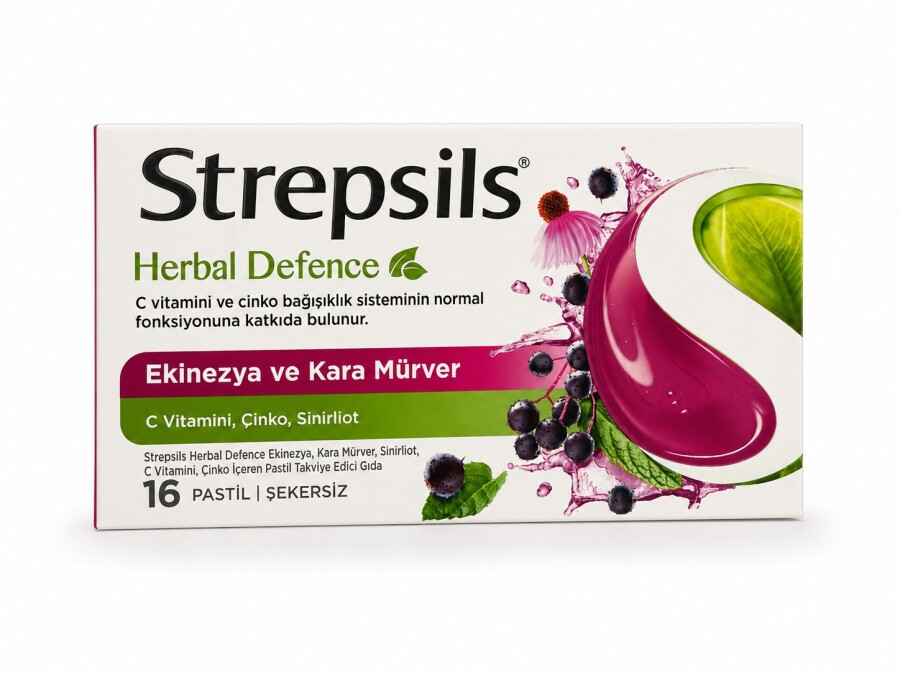 Strepsils Herbal Defence Ekinezya ve Kara Mürver Takviye Edici Gıda 16 Pastil - 1