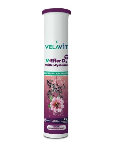 V-Effer D3 with L-Cysteine D3 Vitamini, L-Sistein ve Kara Mürver İçeren Takviye Edici Gıda 20 Efervesan Tablet - Velavit