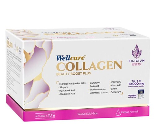 Wellcare Collagen Beauty Boost Plus Hidrolize Kollajen Peptikleri Vitamin-Mineral Kompleks, Silisyum, Hyaluronik Asit, Polifeno Alfa Lipoik Asit Ve Glutatyon İçeren Karpuz Aromalı Saşe 30lu - Wellcare