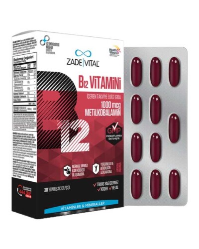 Zade Vital B12 Vitamini İçeren Takviye Edici Gıda 1000mcg 30 Yumuşak Kapsül - Zade Vital